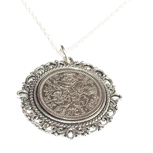 Fancy Pendant 1954 Lucky sixpence 70th Birthday plus a Sterling Silver 18in Chai