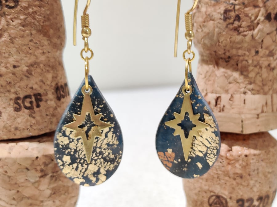 Starry night tear drop polymer clay earrings 