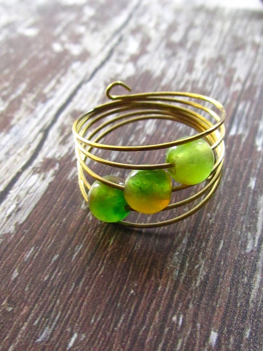 Green Agate Ring, Gold Memory Wire Ring, Green Ring