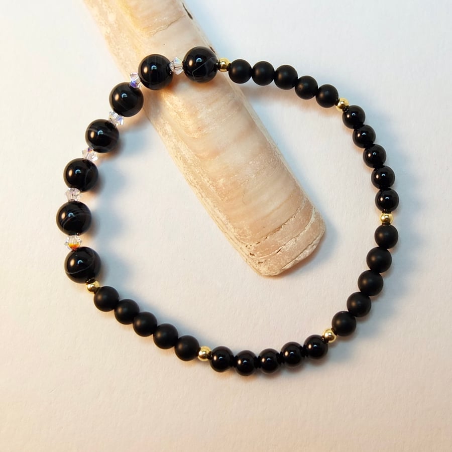 Sardonyx, Black Onyx And Swarovski Crystal Bracelet - Handmade in Devon