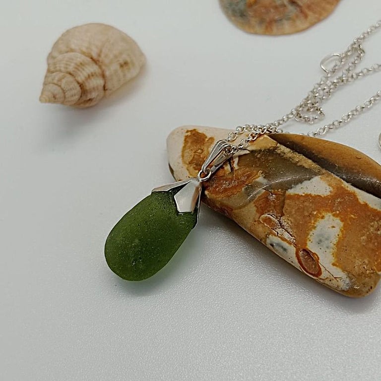 Olive green sea glass necklace sterling silver 