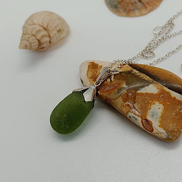 Olive green sea glass necklace sterling silver 