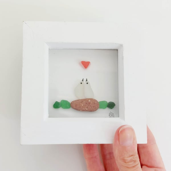 Framed Sea Glass Art - Lovebirds Picture, Engagement, Wedding Gift
