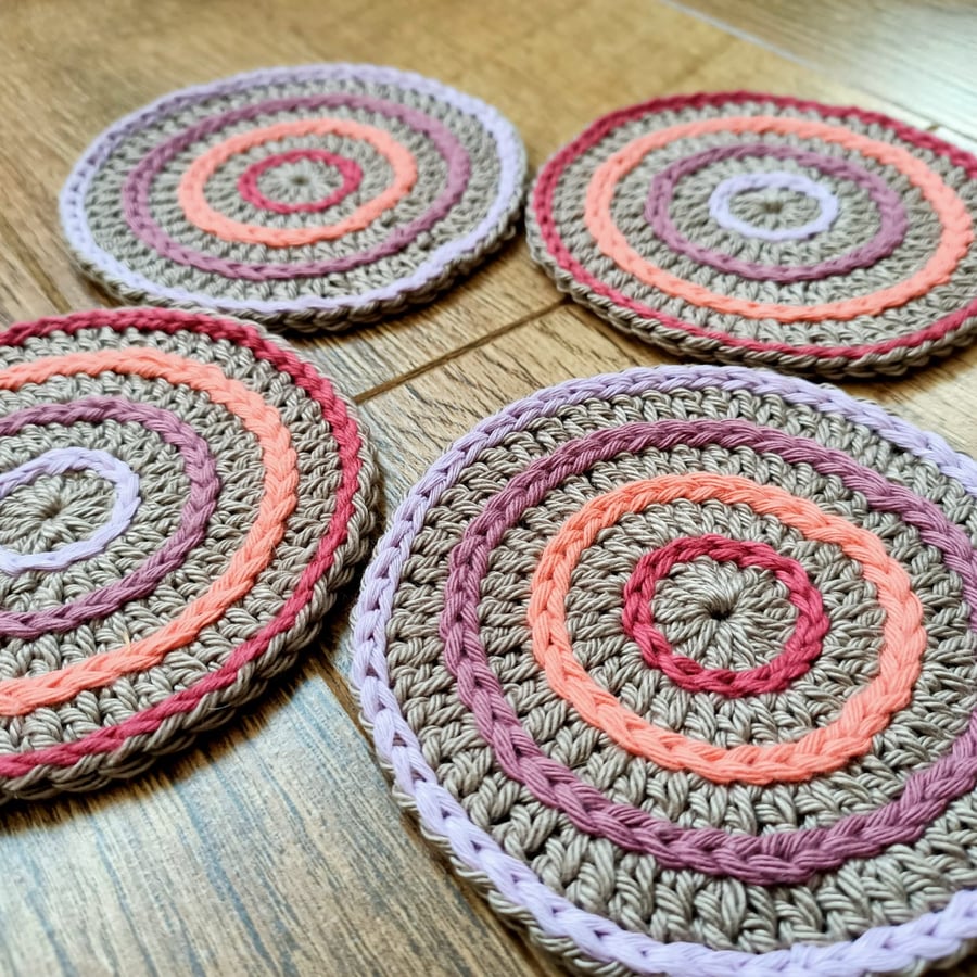 Handmade Coasters Set, Crochet Coasters Set of Four Pink
