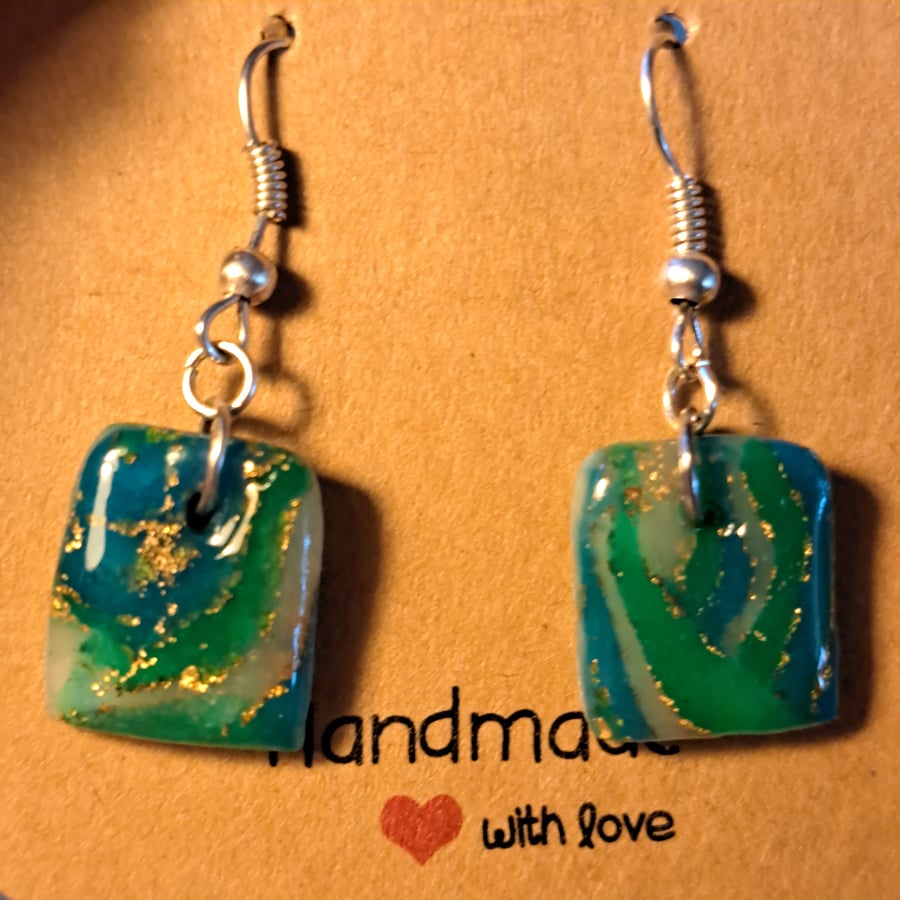Lovely pair of small rectangle polymer clay green, silver and gold leaf earrings