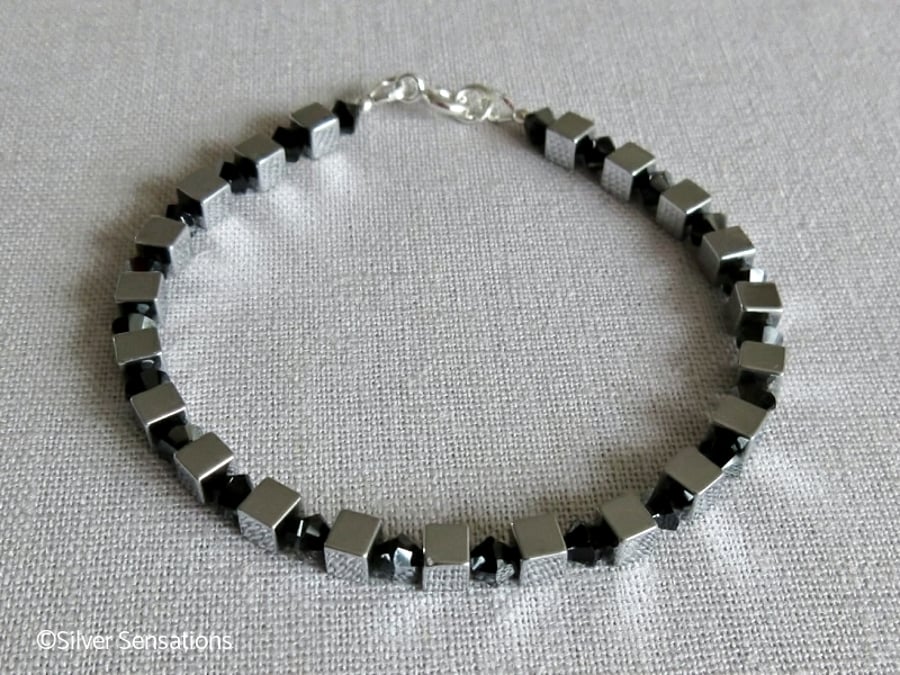 Silver Hematite Cubes & Black Crystals Unique Design Bracelet