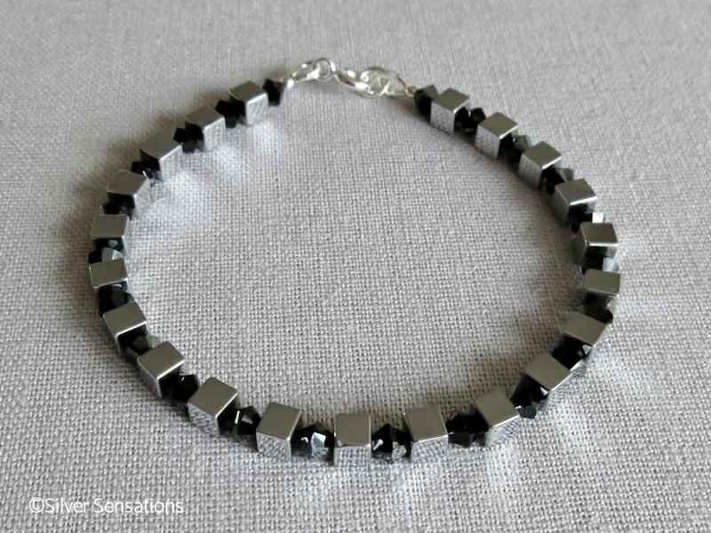 Silver Hematite Cubes & Black Crystals Unique Design Bracelet