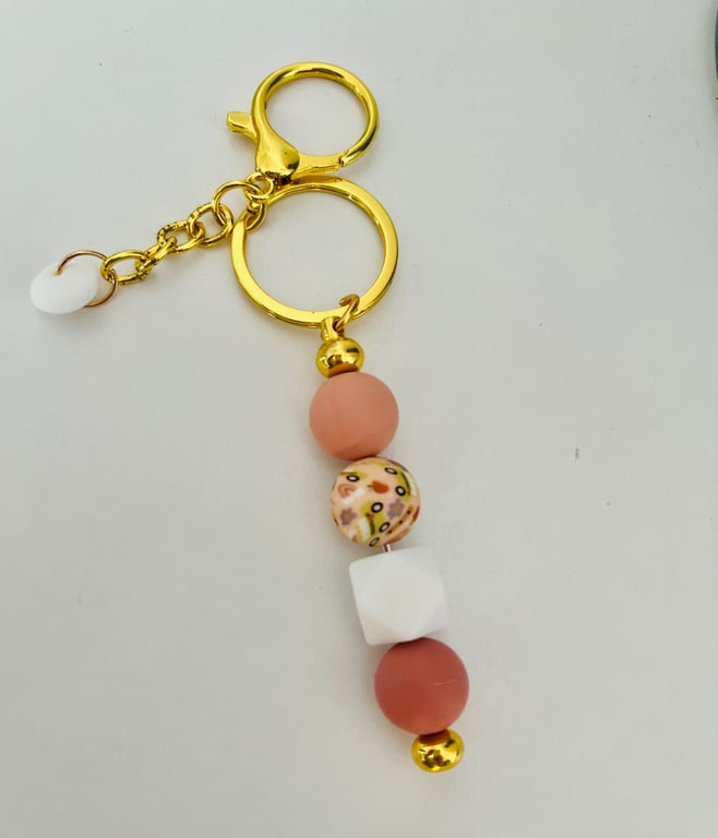 Pink and beige floral  Keyring or purse charm 