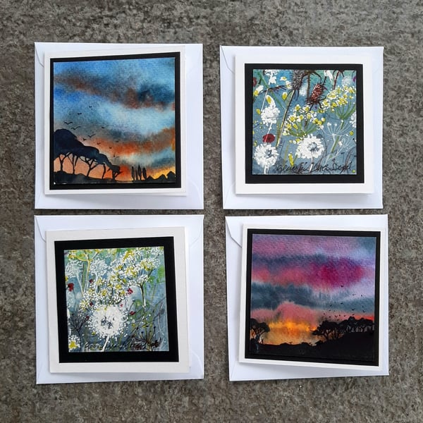 Handpainted Blank Mini 4-Card Bundle. Any Occasion Cards Sunsets and Wildflowers