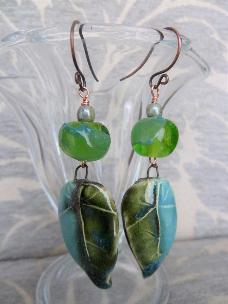 lampwork, copper and ceramic green and blue leaf earrings