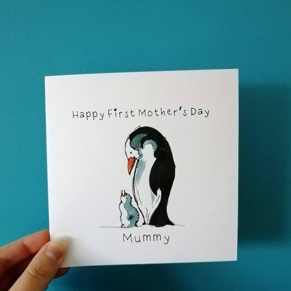 First Mothers day card as my mummy, 1st Mother's day card, Penguin & baby card 