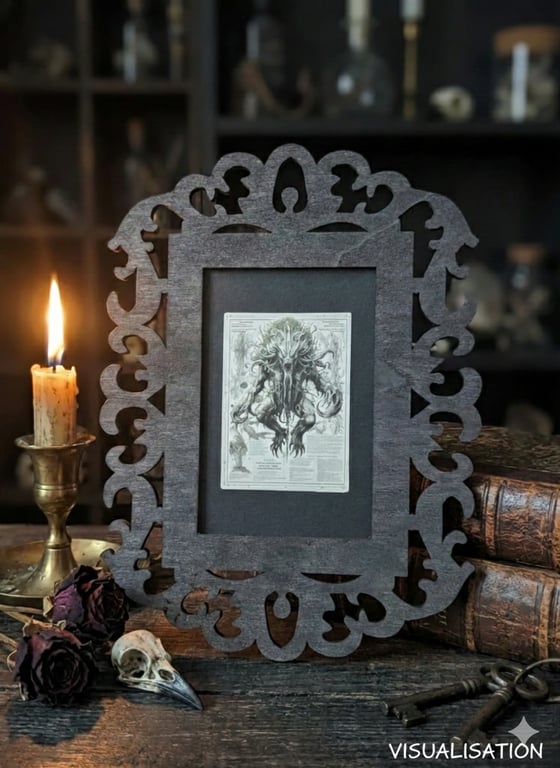 Gothic Laser-Cut Wooden Frame with Eldritch Fantasy Creature