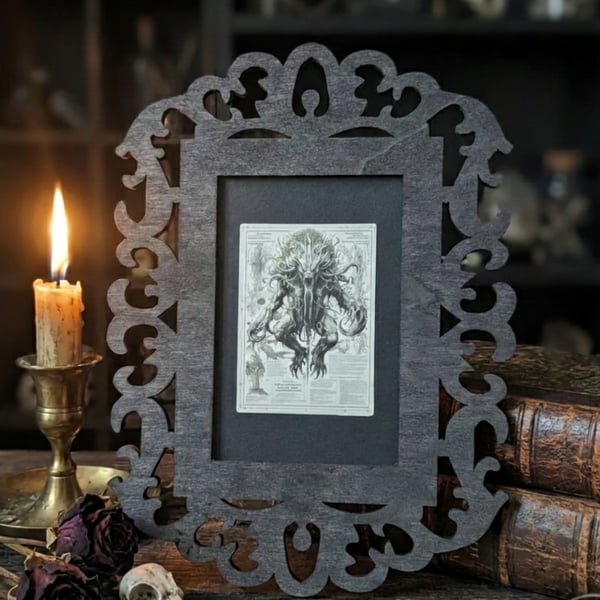 Gothic Laser-Cut Wooden Frame with Eldritch Fantasy Creature