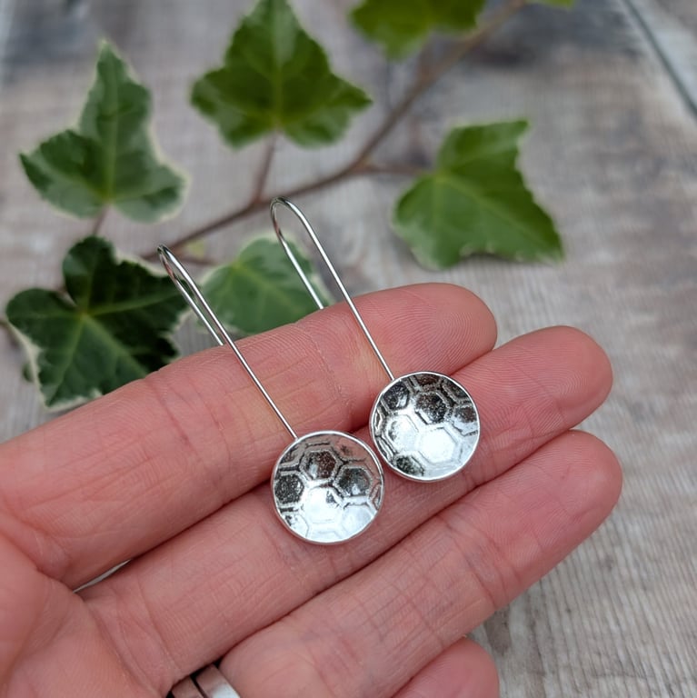 Sterling Silver Honeycomb Pattern Long Disc Earrings - JBJ1114
