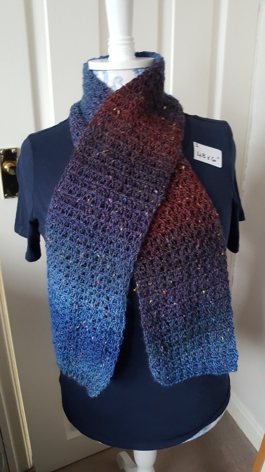 brown and blue lightweight lacy crocheted scarf, 48 x 6 inches