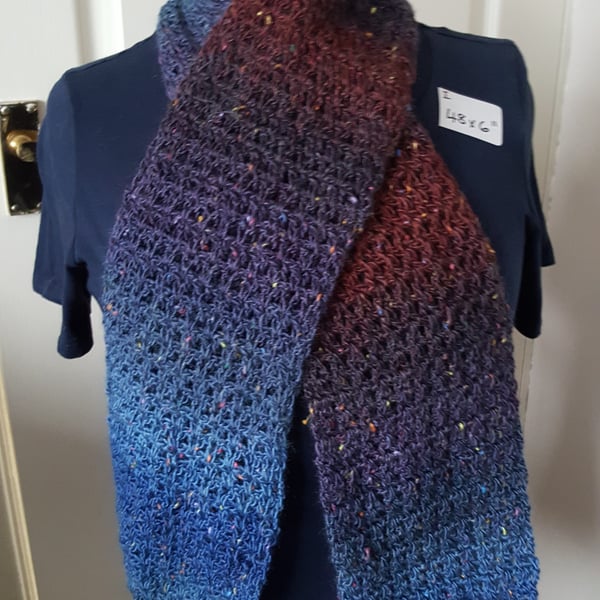 brown and blue lightweight lacy crocheted scarf, 48 x 6 inches