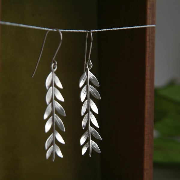 Silver Olive Branch Leaf Earrings, Long Earrings