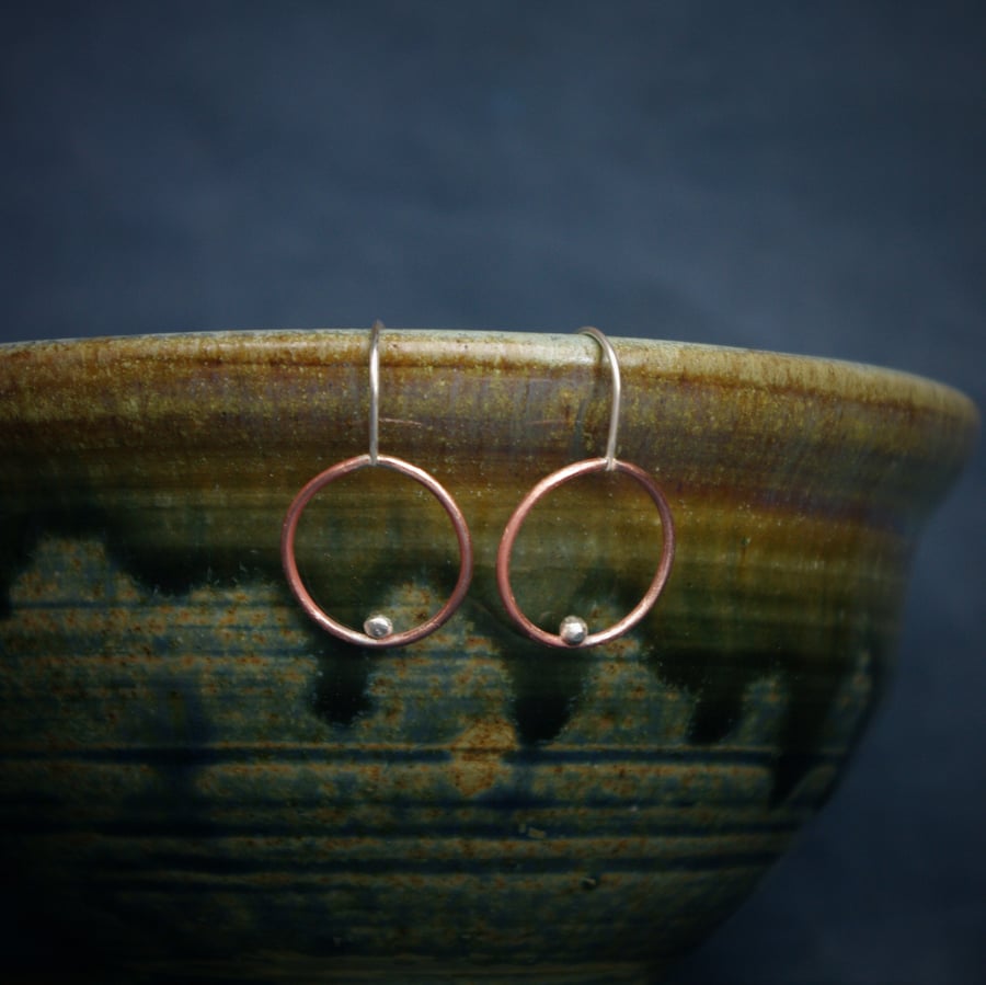 Copper Circle and Silver Seed  Hoop Earrings