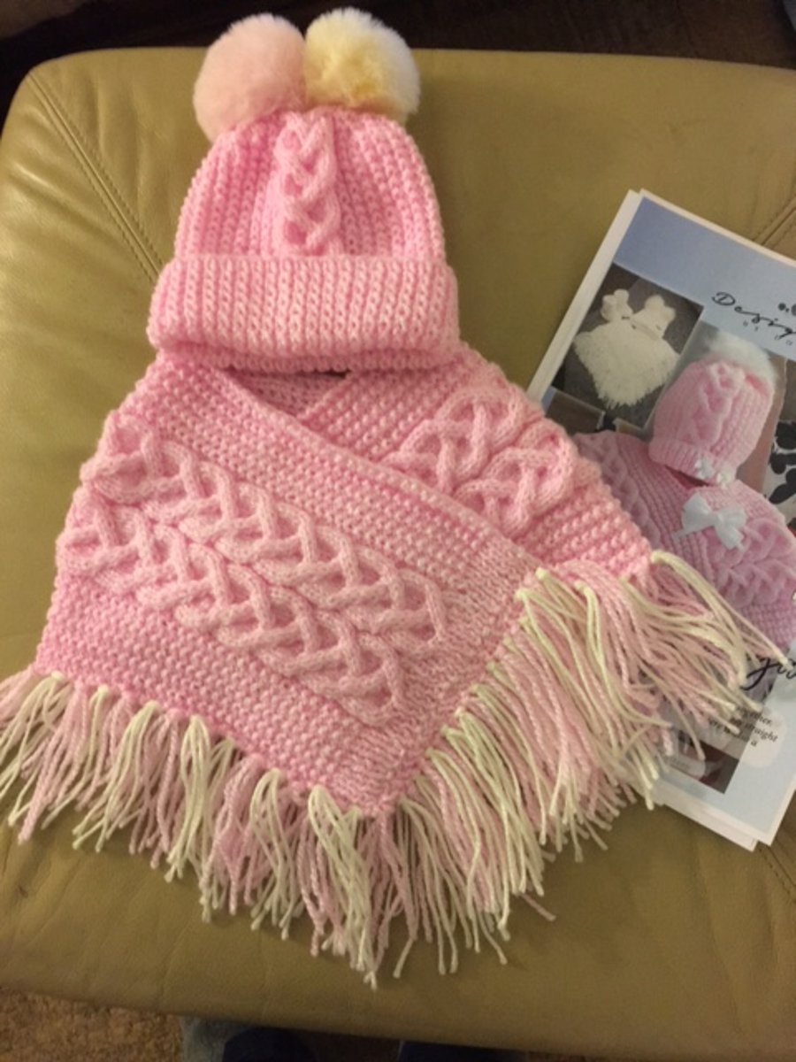 Pink Poncho & Bobble Hat - Age 2 to 3 years