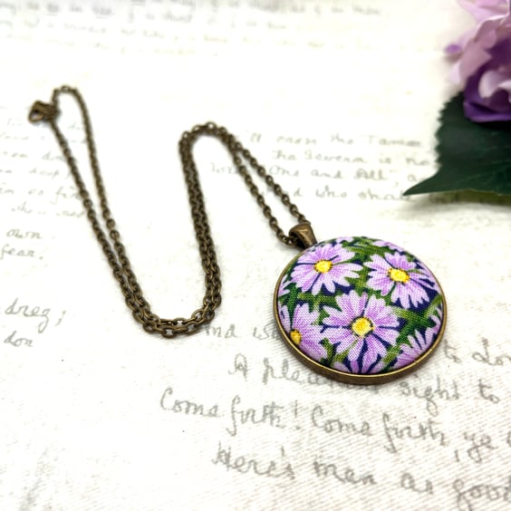 Summer Seconds - Lilac daisy pendant fabric button floral handmade jewellery