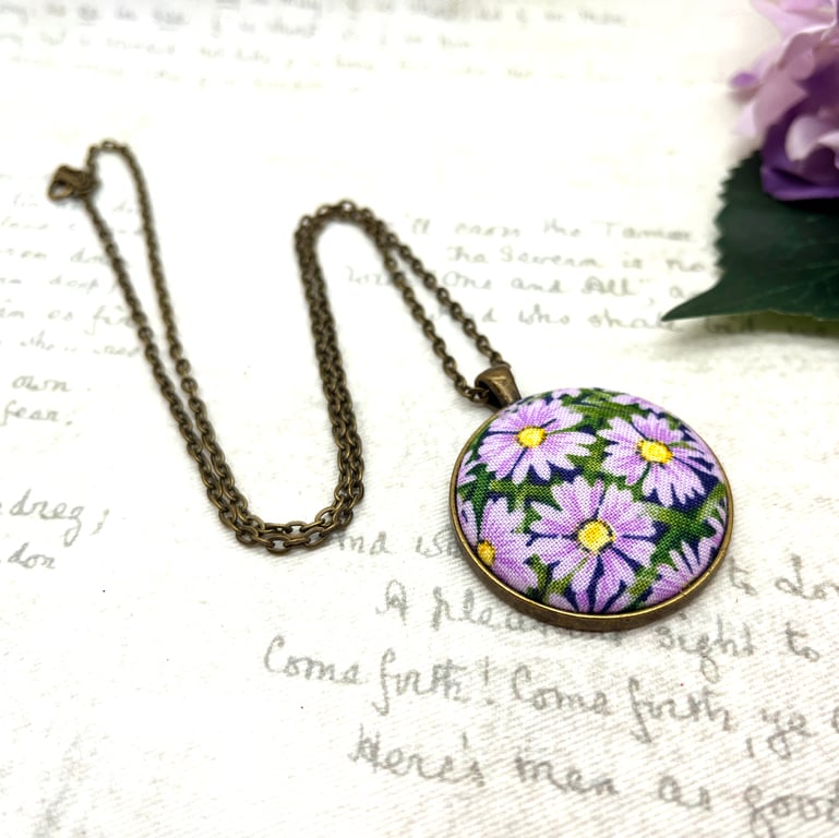 Lilac daisy pendant fabric button floral handmade jewellery gifts