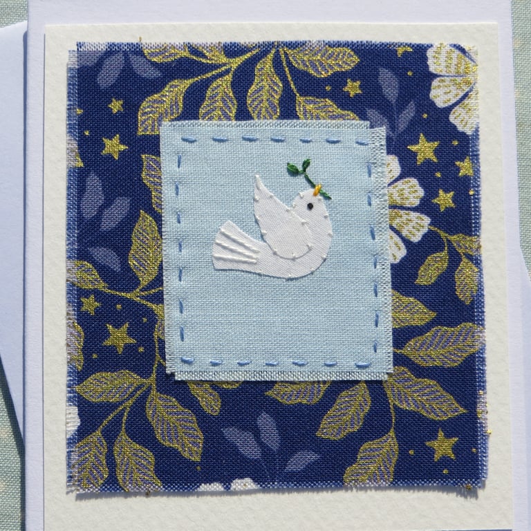 Peace - hand-stitched card, beautiful background fabric delicate detailed work