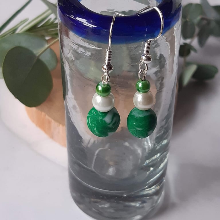 Handmade dangly green and white polymer clay earrings