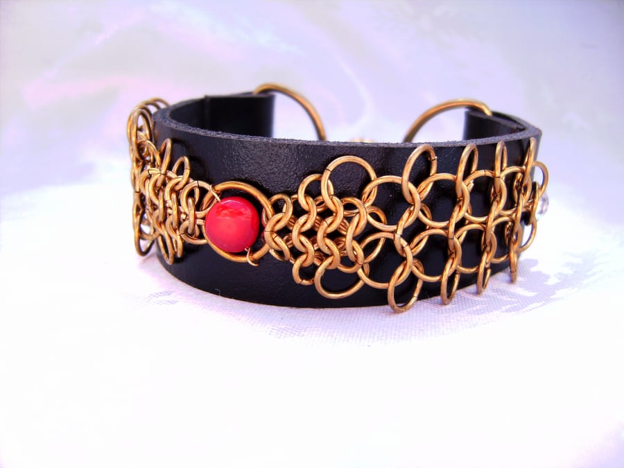 Leather chainmail coral & brass cuff bracelet