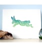ORIGINAL lino cut print Spiral Rabbit in spring green - Image 1