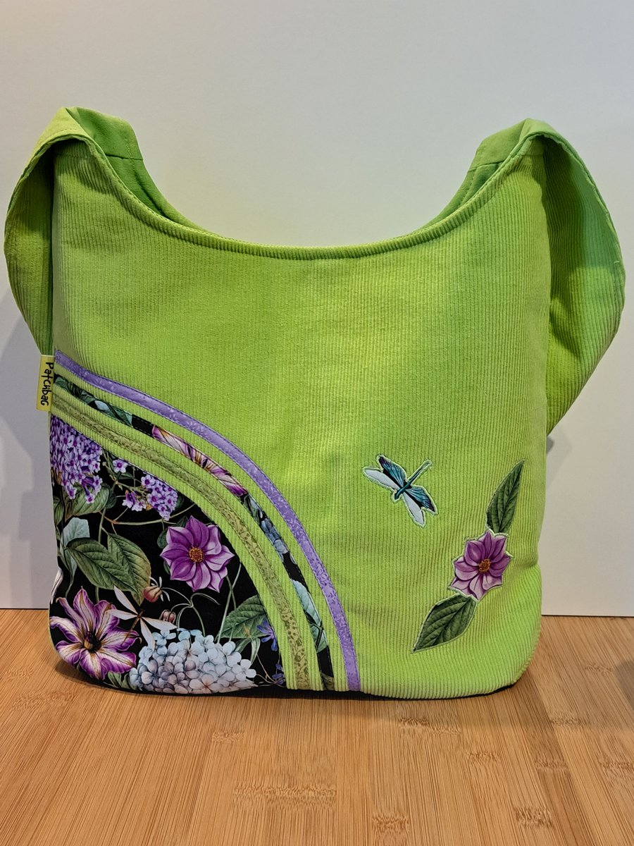 Bright green hobo style shoulder bag ,Flowers and dragonfly 