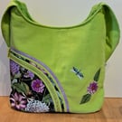Bright green hobo style shoulder bag ,Flowers and dragonfly 
