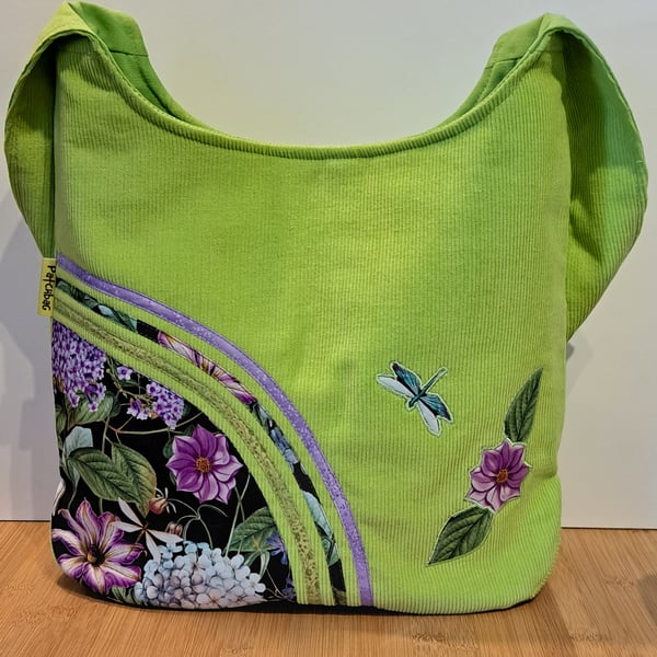 Bright green hobo style shoulder bag ,Flowers and dragonfly 