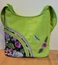 Bright green hobo style shoulder bag ,Flowers and dragonfly  - Image 1