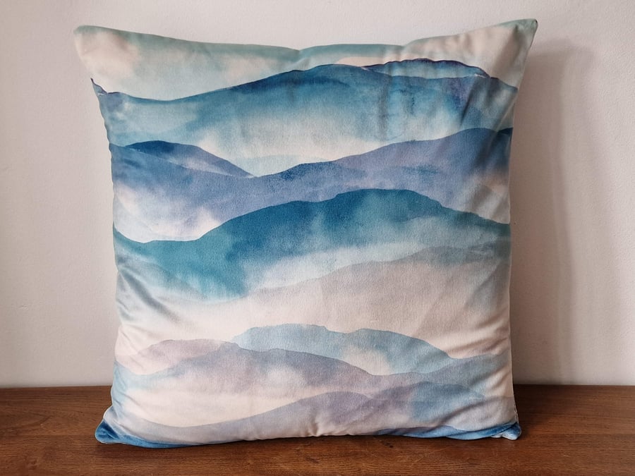 Handmade blue watercolour landscape print velvet cushion cover