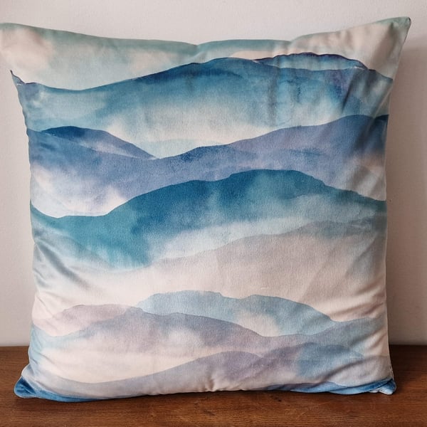 Handmade blue watercolour landscape print velvet cushion cover