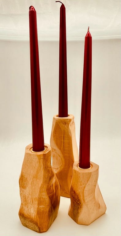Solid beech candlestick holders, set of three