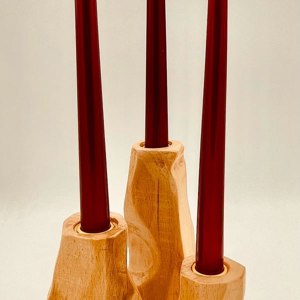 Solid beech candlestick holders, set of three