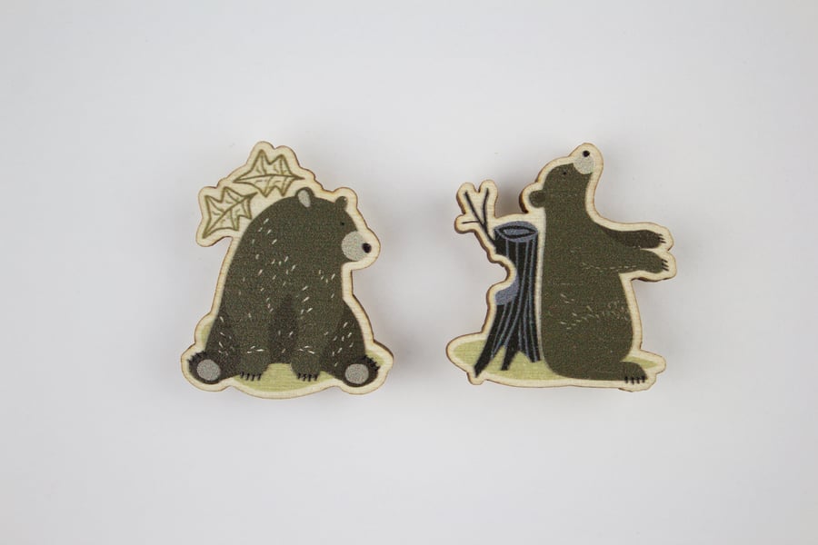 2 Wooden Woodland Bear Pin Badges