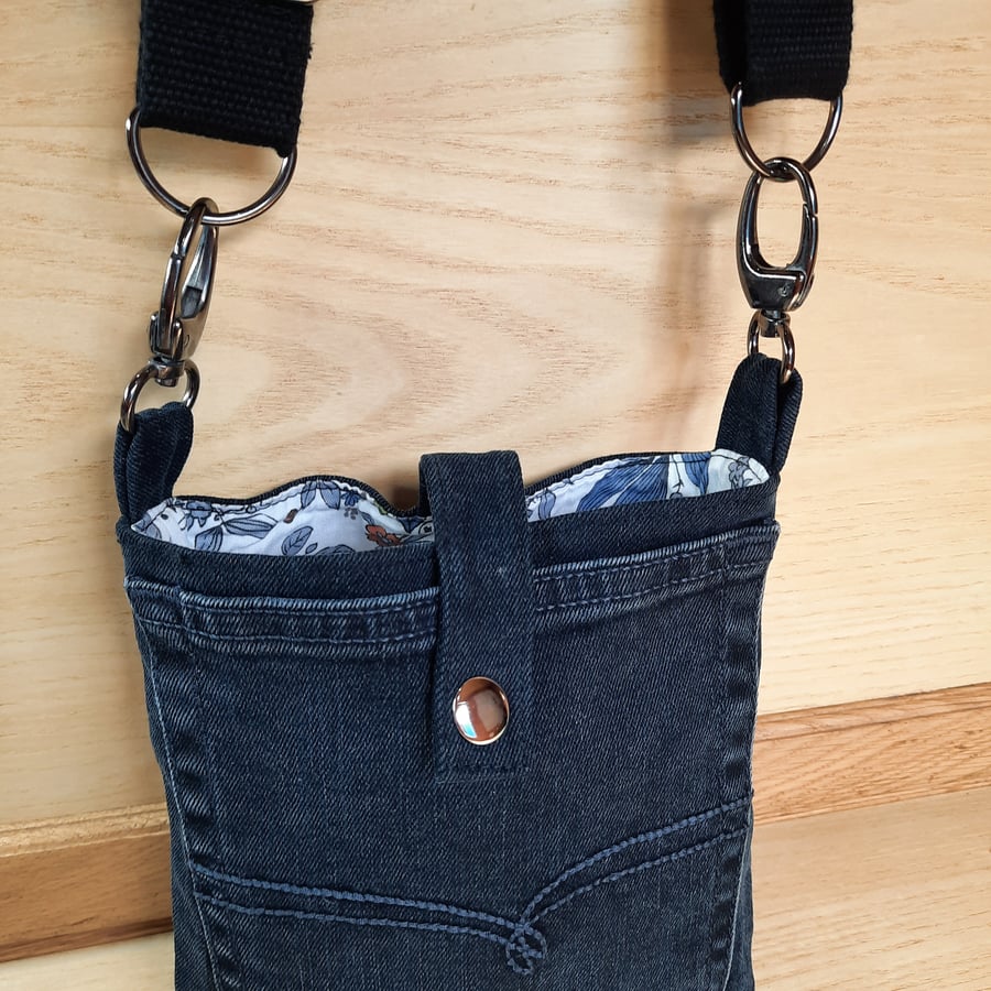 Black Denim Cross Body Bag With Floral Cotton Lining