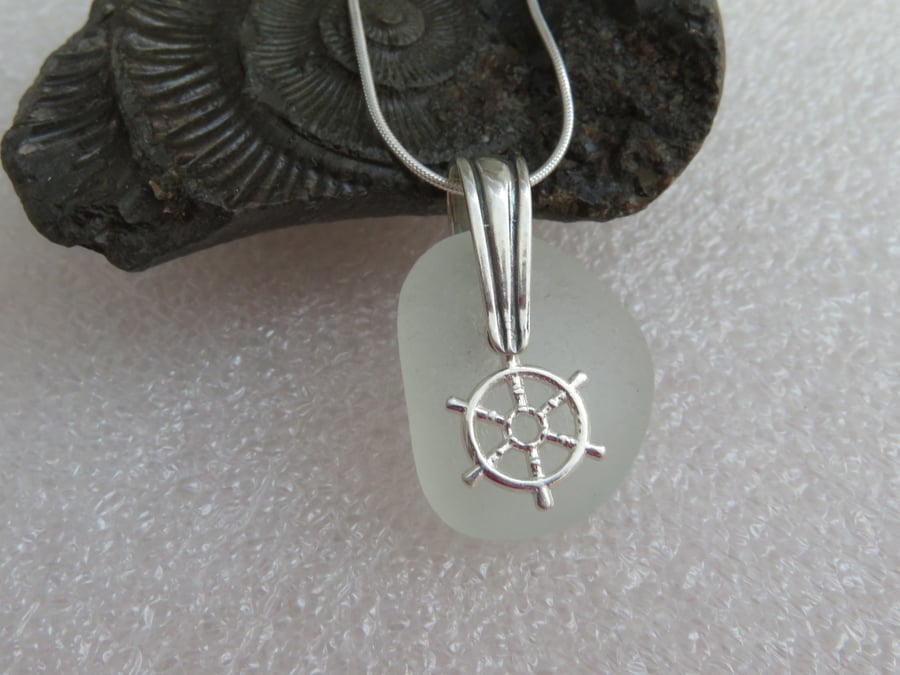 White Sea Glass Pendant with Ship Wheel Charm with or without Chain
