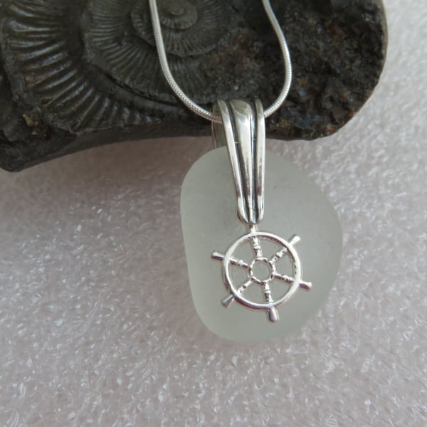 Naturally Tumbled White Sea Glass Necklace with Silver Ship Wheel Charm