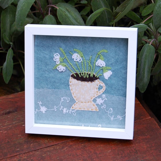Snowdrops in a tea cup - Hand stitched with applique - recycled art