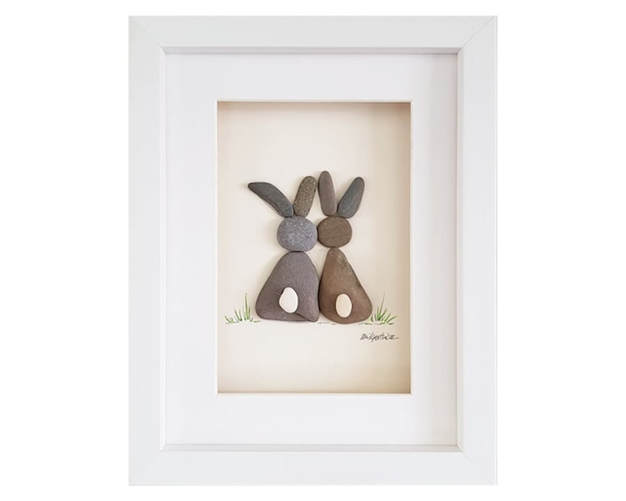 Two Bunnies - Pebble Picture - Framed Unique Handmade Art