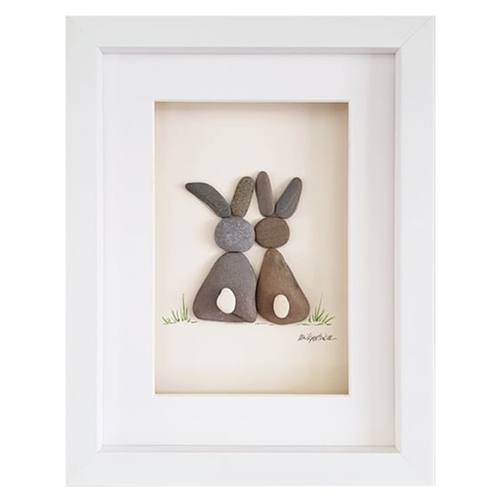 Two Bunnies - Pebble Picture - Framed Unique Handmade Art