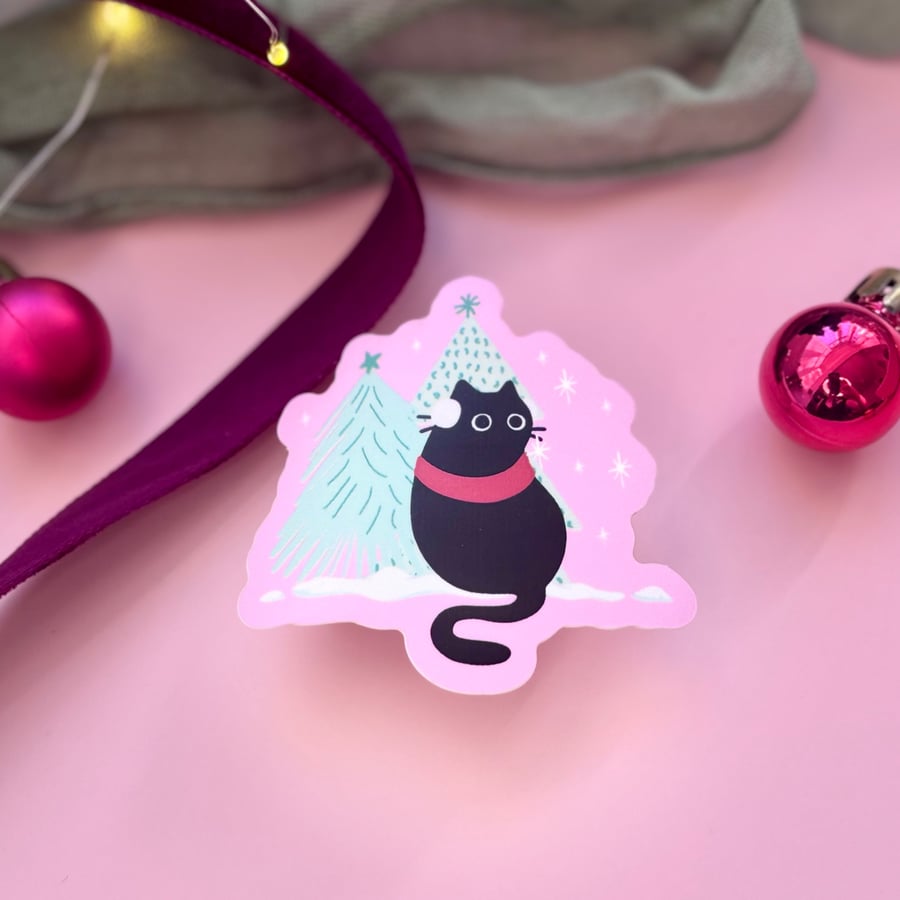 Cosy Christmas Cat Pink Sticker