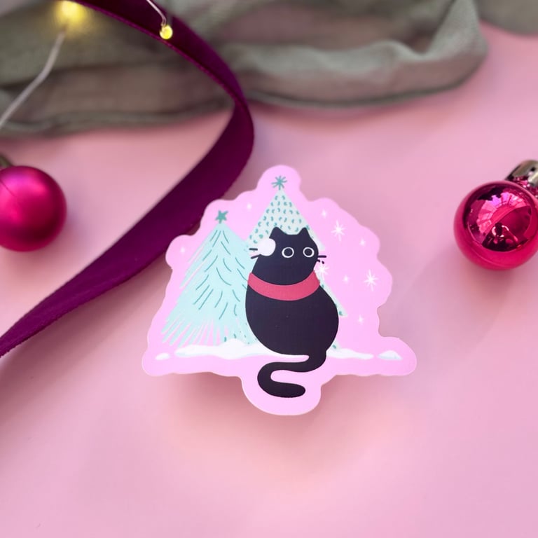 Cosy Christmas Cat Pink Sticker