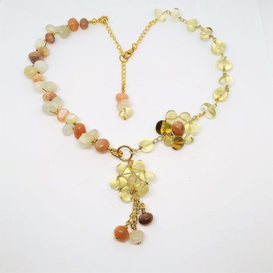 Pastel Lemon Quartz, Moonstone & Sunstone Floral Beaded Necklace 18 inch