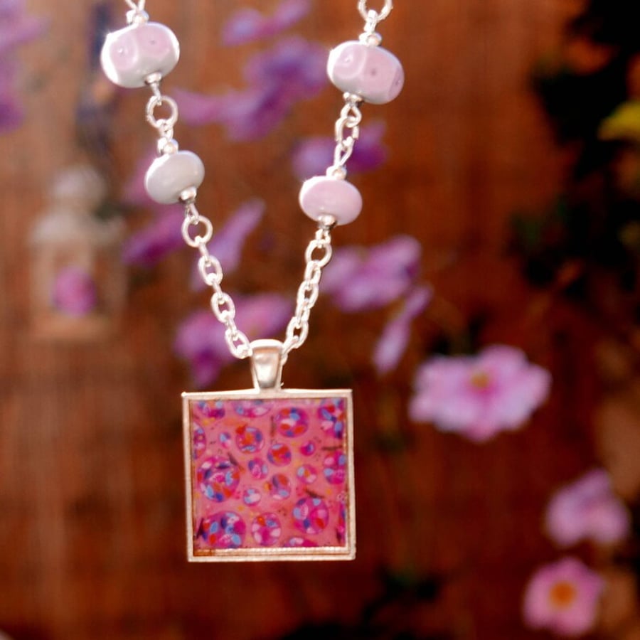 Pink Art Pendant Necklace with Pink and Purple Lampwork Glass Beads