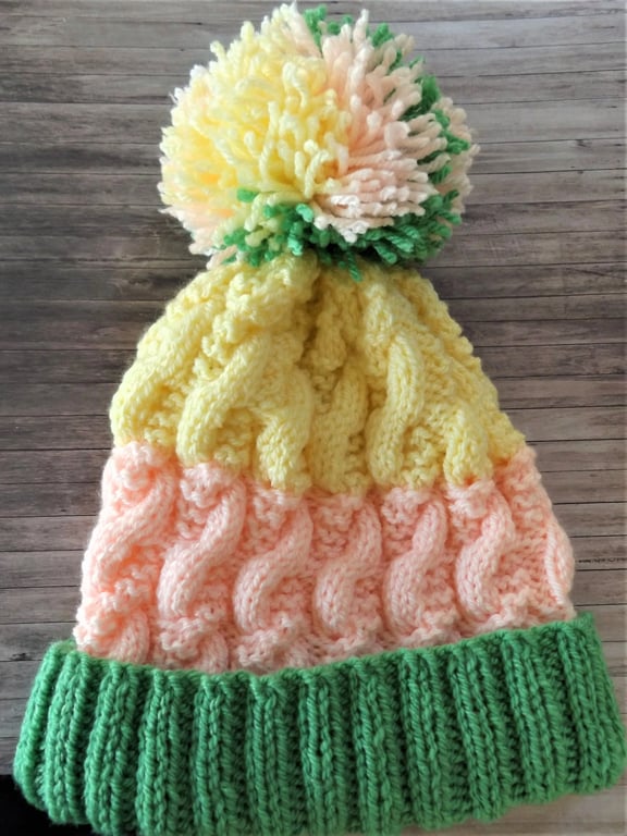 Handknit Bobble Hat. adult size super warm