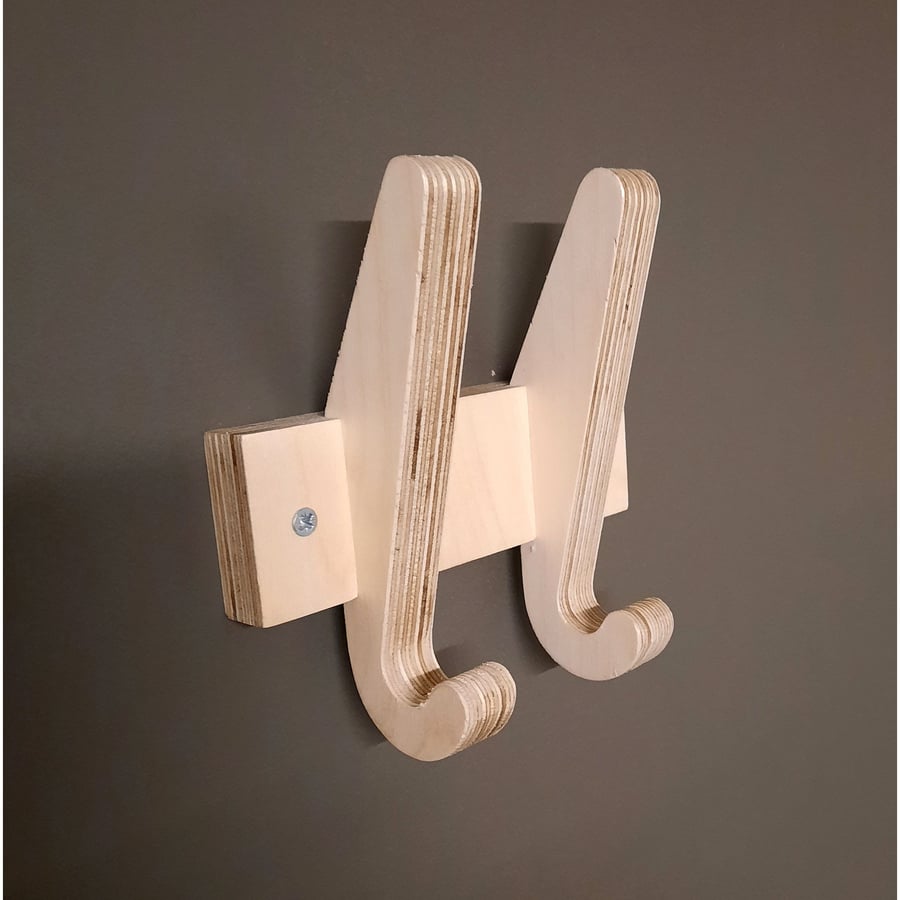Wall Hook Coat Hanger Made in Birch Plywood with Two Double Hooks